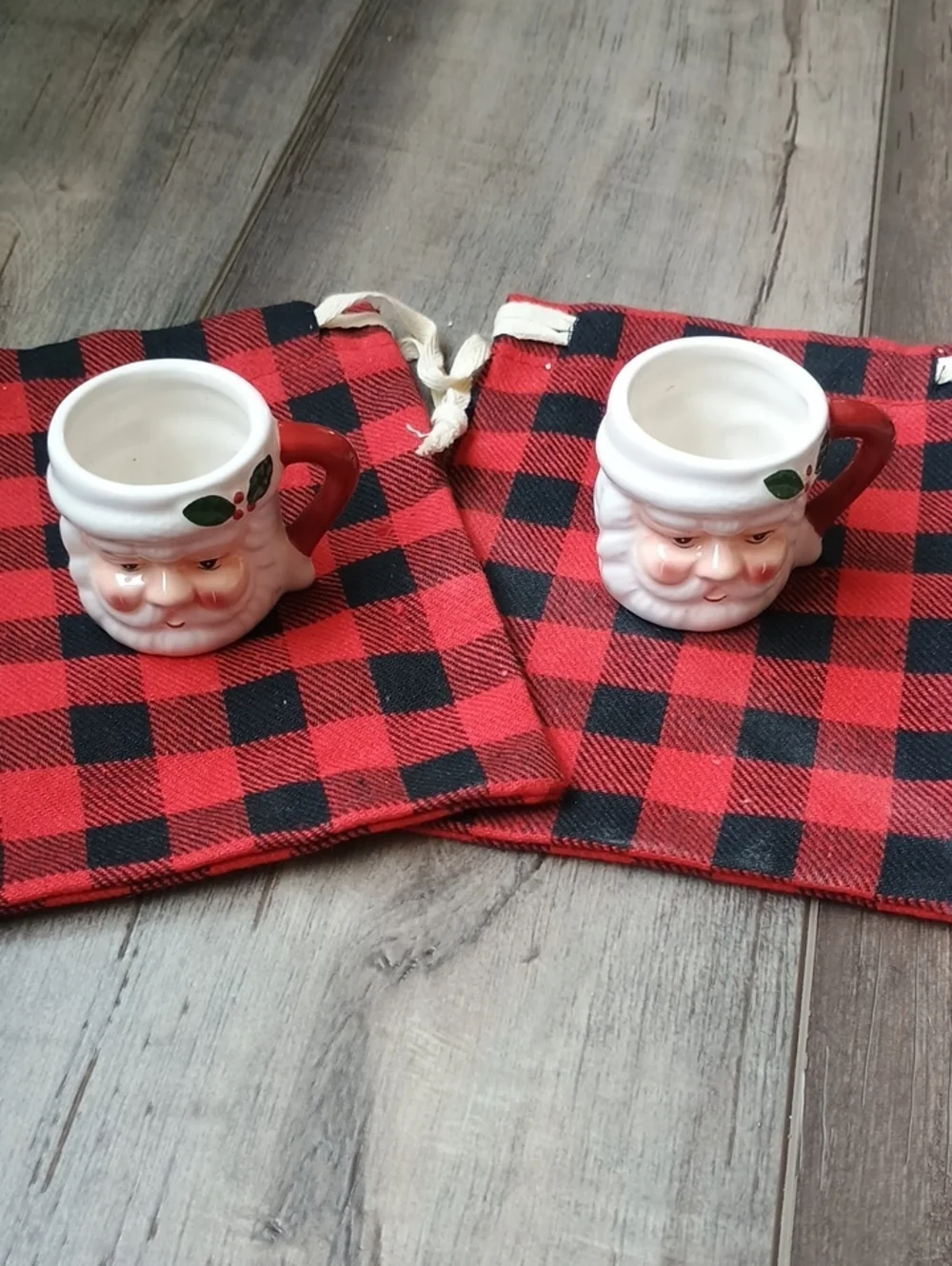Mini Ceramic Santa Face Mugs Set of 2 - White with Red Handles